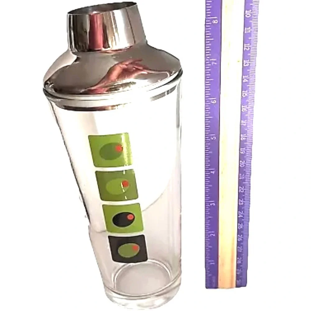 MCM Kitsch VTG Glass Olive Graphics Chrome Cocktail Shaker Martini Mixer**READ